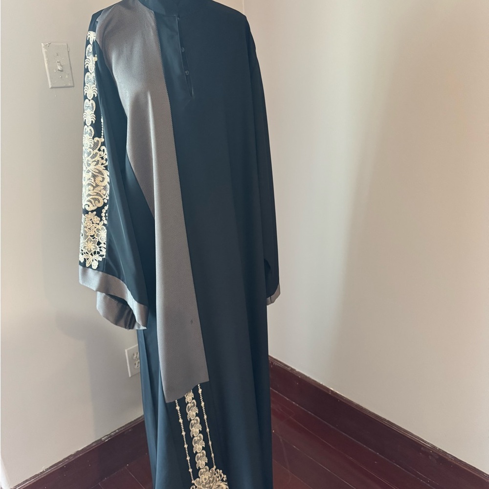 Elegant Black and Gold Embroidered Dress#abaya